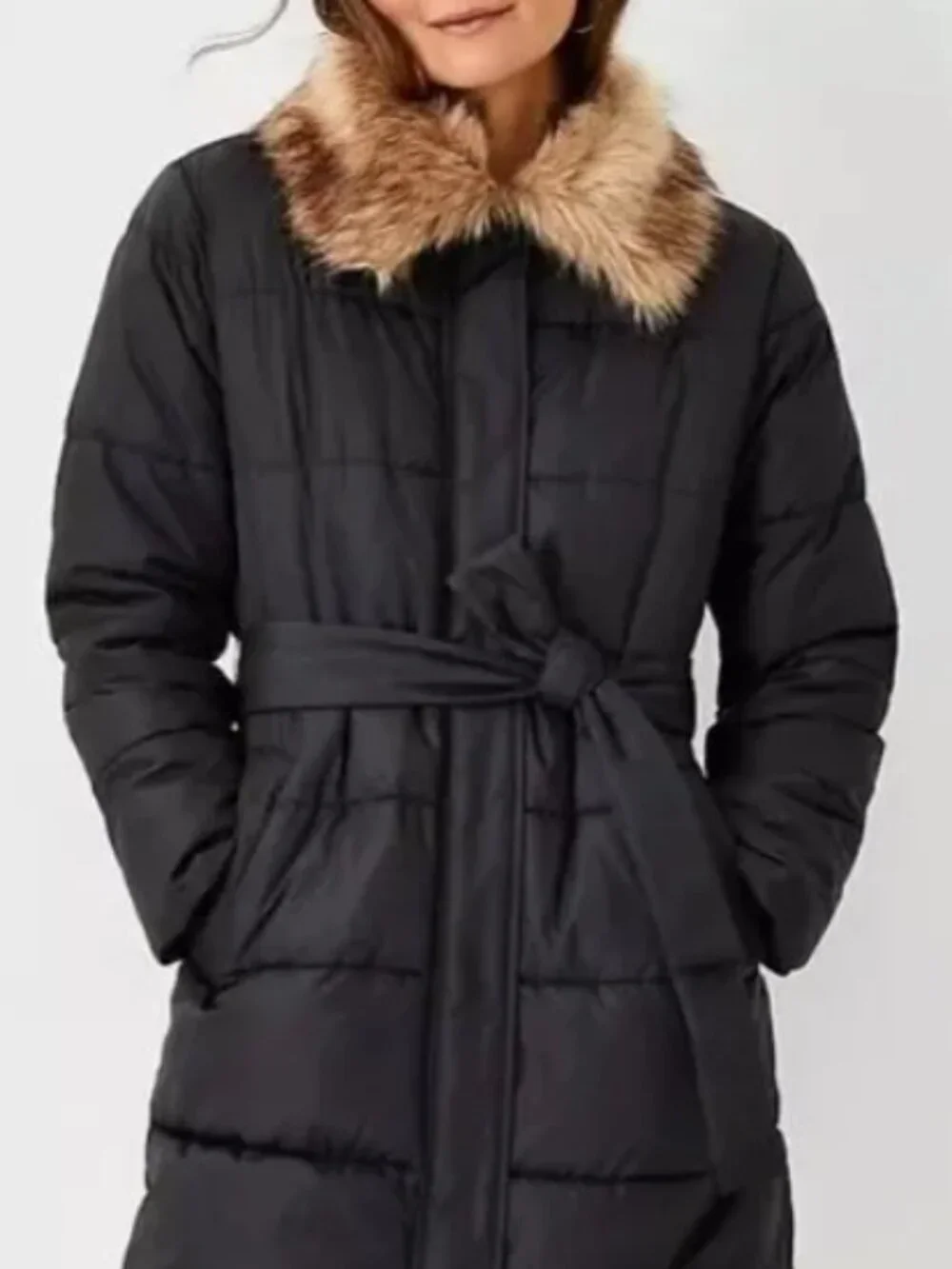 Ann Taylor Black Puffer Coat Faux Fur Collar Belted Mid Length